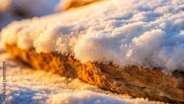 Fototapeta Snow Covered Rock Formation with Golden Hour Light and Bokeh