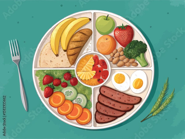 Obraz Balanced diet plate illustration for healthy eating plan and portion control guide with food groups