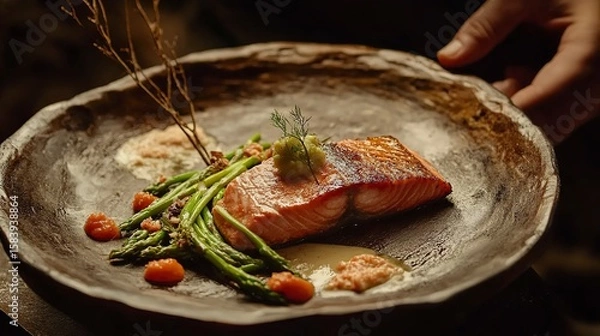 Fototapeta Grilled salmon steak with asparagus served on a rustic plate during an evening meal