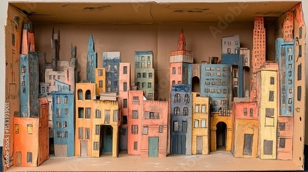 Fototapeta Cardboard box transformed into vibrant cityscape art installation in a creative setting