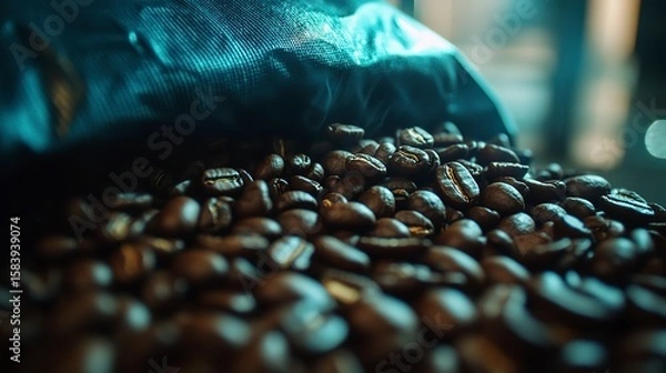 Fototapeta Close-up view of roasted coffee beans spilling from a bag on a wooden table in a cozy kitchen setting
