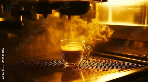 Fototapeta Espresso shot surrounded by warm lighting and steam in a cozy cafe setting at evening