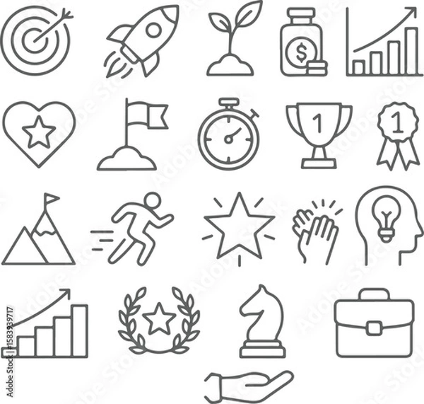 Obraz Motivation line icon vector illustration set. Vector pictograms of personal growth, goal setting, perseverance, achievement, rocket launching, teamwork, passion, thumbs up thin linear illustration. 