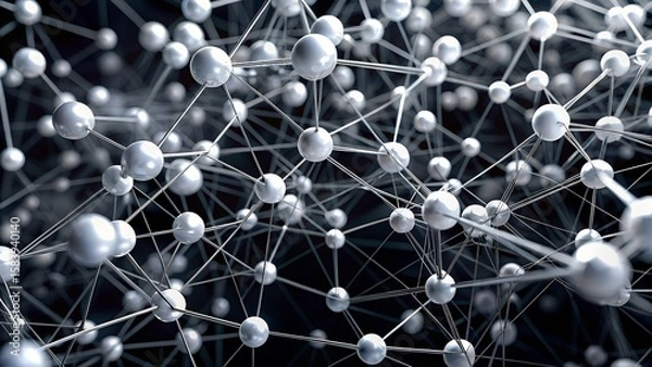 Fototapeta Abstract Molecular Structure with Silver Spheres and Connecting Lines on Dark Background