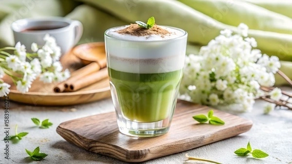 Fototapeta Layered Matcha Latte with Cinnamon and Mint on Wooden Board