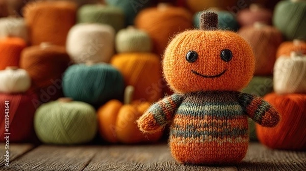 Fototapeta Cute knitted pumpkin toy with a smiling face, surrounded by colorful yarn balls on a wooden table. Perfect for autumn, Halloween crafts, and cozy handmade projects