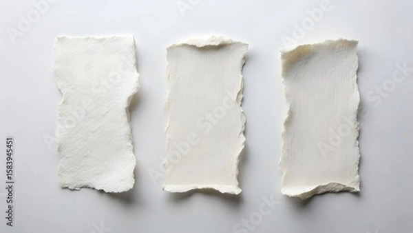 Fototapeta Three Rectangles of White Handmade Paper with Torn Edges on White Background