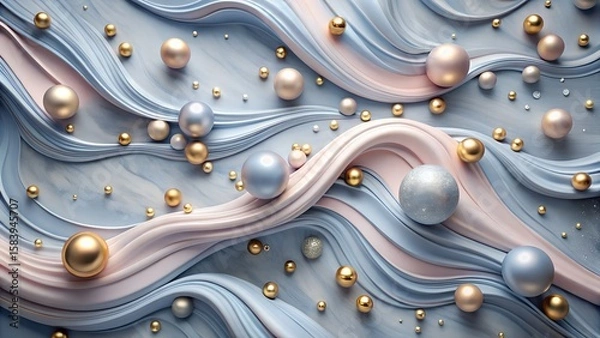 Fototapeta Elegant Abstract Background with Pastel Waves and Metallic Spheres Design