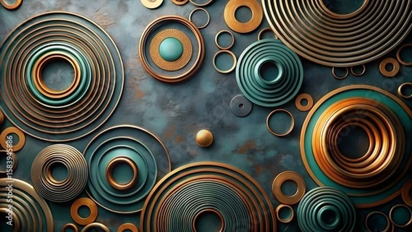Fototapeta Abstract concentric circles in gold and teal on a textured background