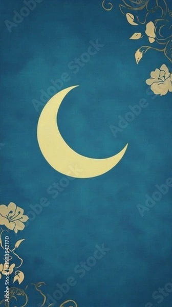 Obraz A blue background with a yellow crescent moon. The moon is lit up by the sun. The image has a peaceful and serene mood. Religion Islam. Muslim, Ramadan Mubarak, Eid al Adha, Eid al Fitr. Muslim postca