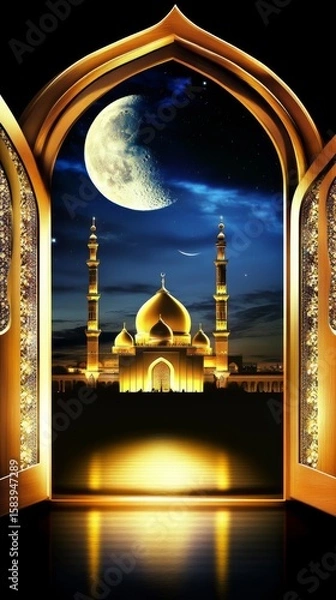Obraz A window with a large moon shining brightly in the sky. The moon is positioned above a building, which is located in the background. The scene is peaceful and serene. Religion Islam. Muslim, Ramadan M