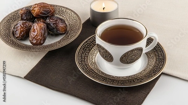 Obraz A plate of dried fruit and a cup of tea are on a blanket. The blanket is covered in a checkered pattern. Religion Islam. Muslim, Ramadan Mubarak, Eid al Adha, Eid al Fitr. Muslim postcard.