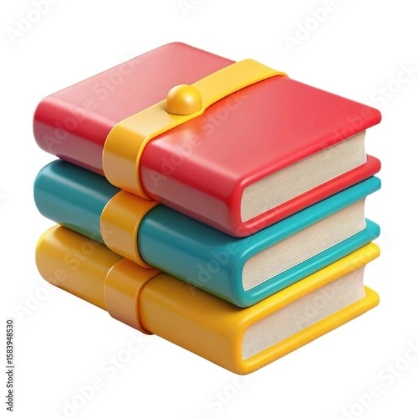 Fototapeta Stack of three colorful cartoon books with yellow straps isolated on white background