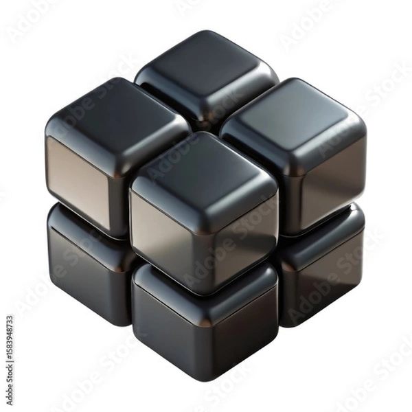 Fototapeta Glossy black cubes arranged in a cluster isolated on white background
