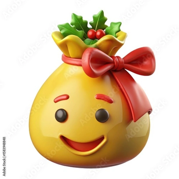 Fototapeta Smiling yellow gift bag with holly and red bow isolated on white background