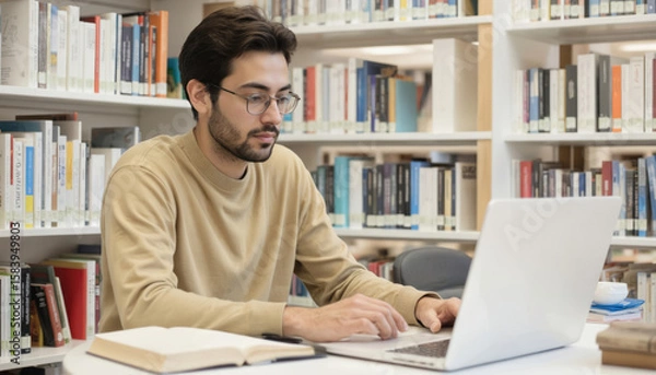 Fototapeta Man in quiet library working on laptop, resume. Books, papers clutter desk, coffee cup nearby. Student sits in study environment, surrounded by library resources. Intellectual pursuits, career