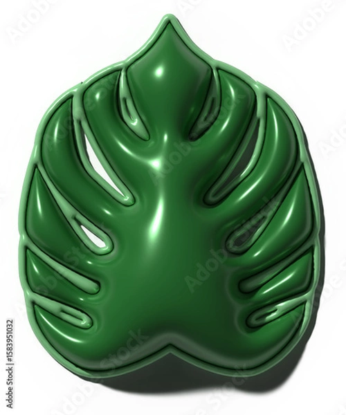 Fototapeta Green volumetric leaf with shiny surface with shadow on isolated, 3D rendering illustration