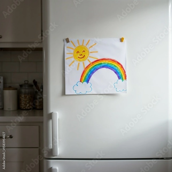 Fototapeta Child’s drawing attached to a white fridge, homey atmosphere, bright interior, family setting, interior of a modern kitchen with a refrigerator