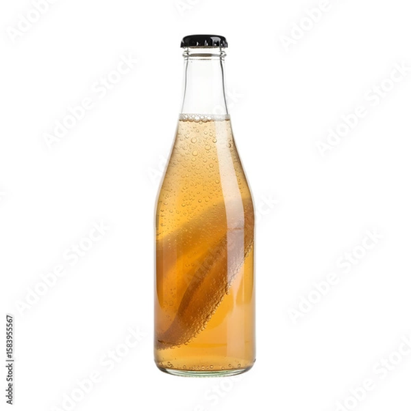 Fototapeta A clear glass bottle of effervescent, bubbly kombucha tea, showing the SCOBY culture within, on isolated transparent background.