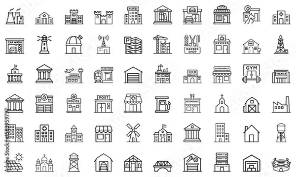 Fototapeta Building and architecture icons set in a clean line art style, containing house, office, bank, school, hotel, shop, university and hospital icons