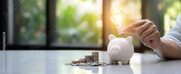 Fototapeta The piggy bank with a lightbulb representing innovative financial savings ideas.
