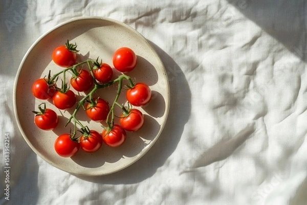 Fototapeta A photo of cherry tomatoes on a beige plate, on a white linen tablecloth, with sunlight from the window creating a play of shadows, embodying a minimalist aesthetic. 