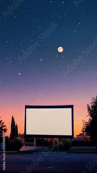 Obraz Drive-in movie screen under a starry night sky with a full moon. Perfect for showcasing evening entertainment or outdoor events.