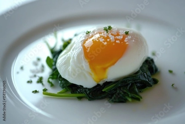 Fototapeta Elegant poached egg with runny yolk, served on spinach with a sprinkle of salt.