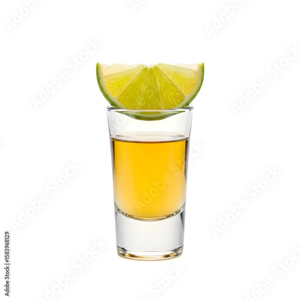 Fototapeta A single, neat shot glass of golden reposado tequila, ready for sipping, with a lime wedge on the side on isolated transparent background.
