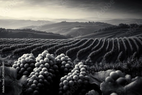 Fototapeta Monochrome scenic vineyard view with grape bunches in foreground and Tuscan hills rolling to the horizon in soft light.