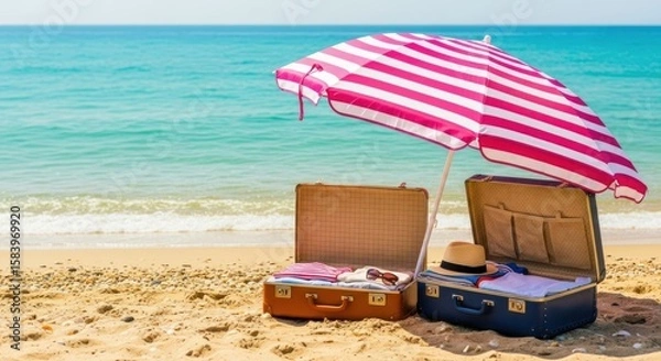 Obraz Two open suitcases sit on a sandy beach under a pink and white striped umbrella.