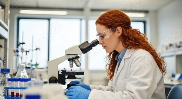 Obraz Focused female scientist in a lab, examining a microscope slide.