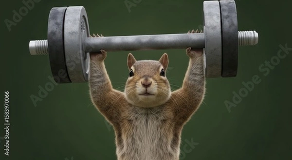 Obraz A determined squirrel powerfully lifts a heavy barbell, showcasing surprising strength and determination against a muted green background.