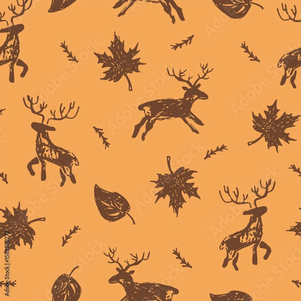 Obraz Forest autumn seamless pattern. Doodle deer, and leaves elements. Vector texture for fabric, textile, wallpaper, apparel, wrapping.