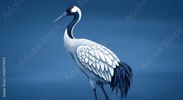 Obraz Illustration of a crane standing in a blue setting, showcasing its white and black plumage.