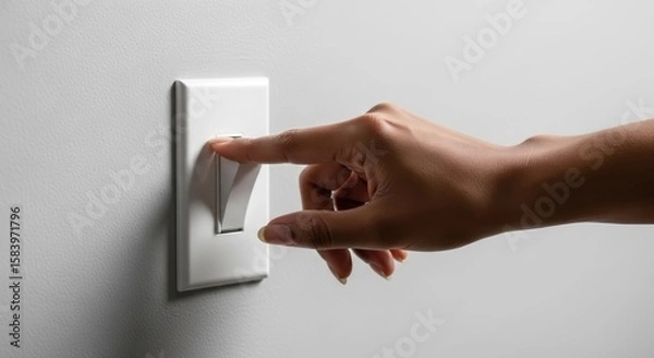 Obraz A hand flips a white light switch on a gray wall.