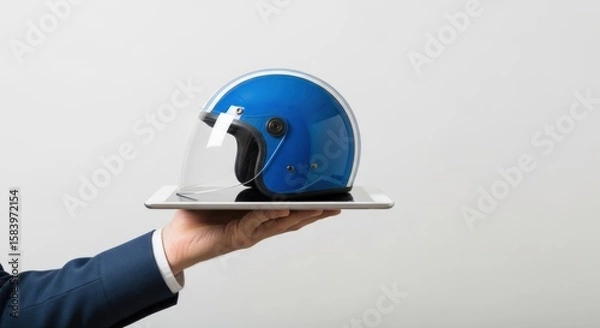 Obraz A hand in a suit holds a tablet with a blue motorcycle helmet on it.