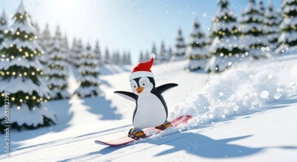 Obraz A happy cartoon penguin wearing a Santa hat is snowboarding down a snowy hill surrounded by evergreen trees.