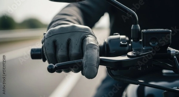 Obraz Close-up of a gloved hand gripping motorcycle handlebars, riding.