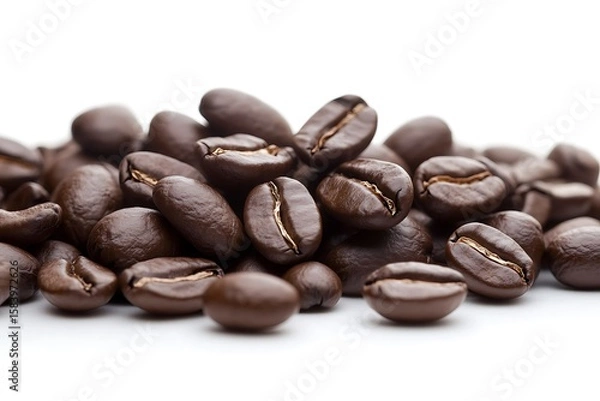 Fototapeta Close-up of espresso beans piled on bright white background