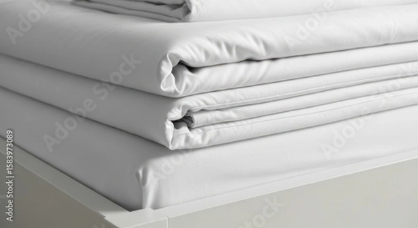 Obraz Neatly stacked, crisp white bedding sheets and pillowcases rest on a white surface.
