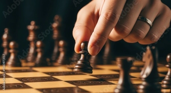 Obraz A hand carefully moves a black pawn across a chessboard during a game.