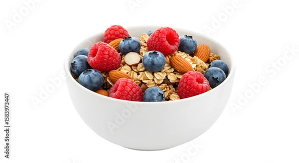 Fototapeta A Healthy Bowl of Crunchy Oat Granola with Fresh Berries and Sliced Almonds on isolated transparent background.