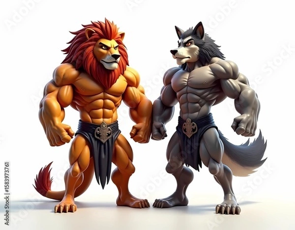Fototapeta Illustration of a lion and a wolf bodybuilder face off. Isolated on a white background. AI generated