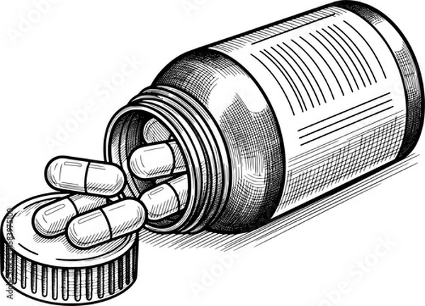 Fototapeta Pill bottle with engraved cap and label lines in hand-drawn style