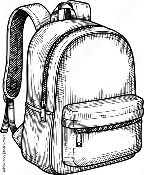 Obraz School backpack with front pocket and zippers in hand-drawn style