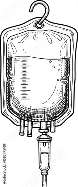 Obraz IV drip bag with liquid level and tubing in hand-drawn style