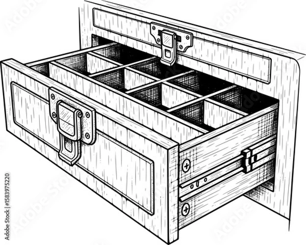 Obraz Toolbox drawer with inner dividers and latch in hand-drawn style