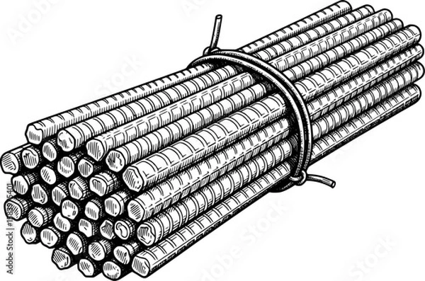 Obraz Rebar steel rod bundle with ribbed pattern in hand-drawn style