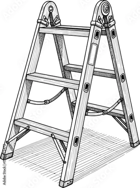 Obraz Folding step ladder with engraved shadows and joint hinges in hand-drawn style